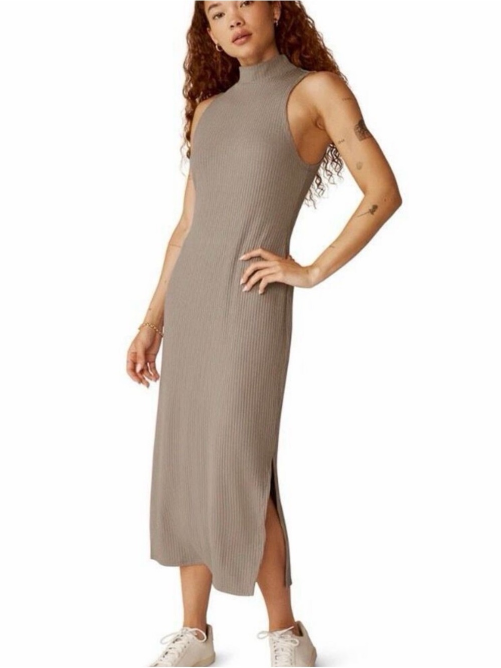 Beyond Yoga Well Traveled Sleeveless Mock Neck Ribbed Midi Dress - Taupe